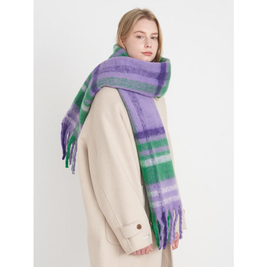 Fringe Plaid Polyester Scarf Purple/White/Green plaid / One Size Apparel and Accessories