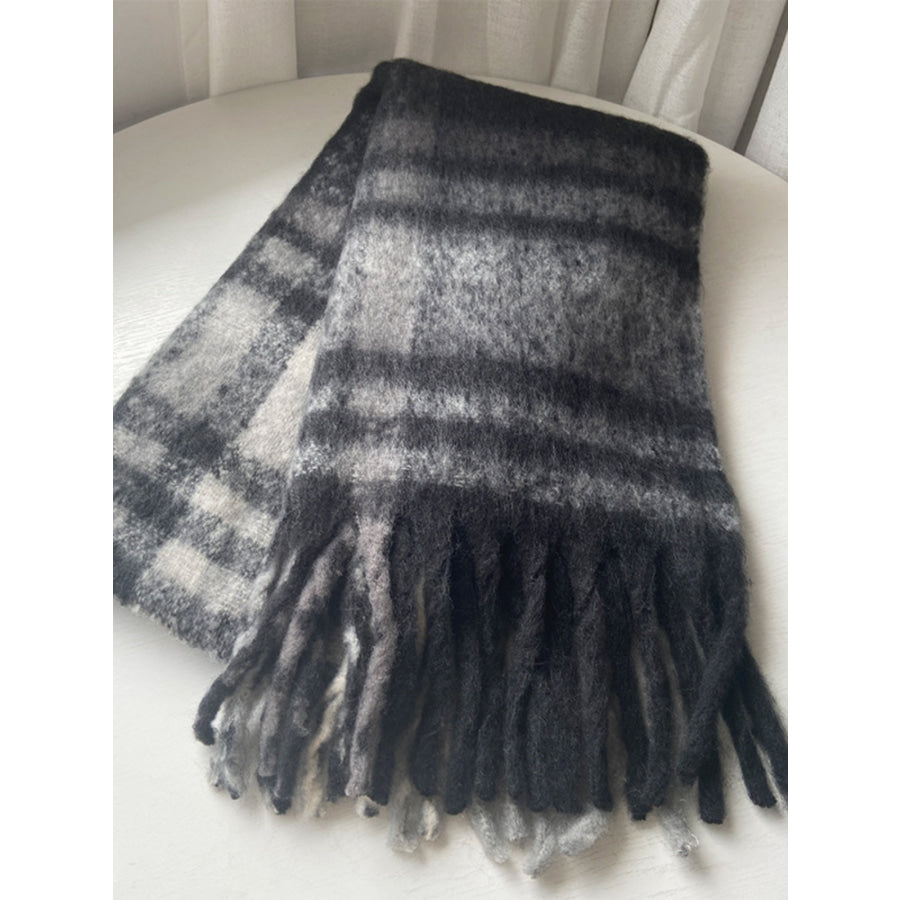 Fringe Plaid Polyester Scarf Black/White/Gray plaid / One Size Apparel and Accessories