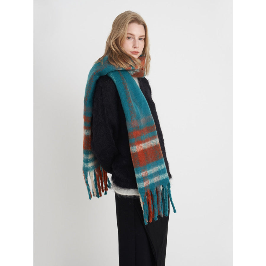 Fringe Plaid Polyester Scarf Blue/Orange/White plaid / One Size Apparel and Accessories