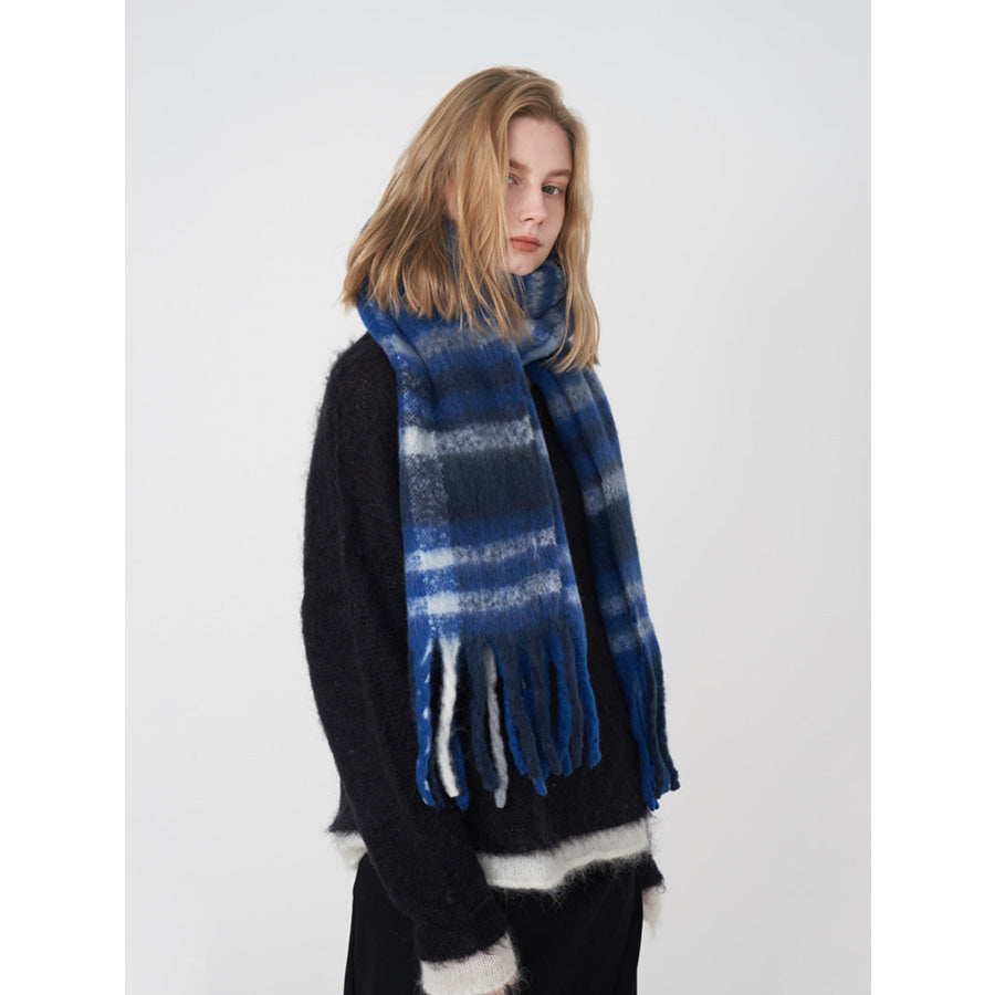 Fringe Plaid Polyester Scarf Blue/White/Gray plaid / One Size Apparel and Accessories