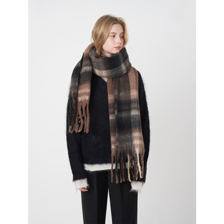 Fringe Plaid Polyester Scarf Brown / One Size Apparel and Accessories