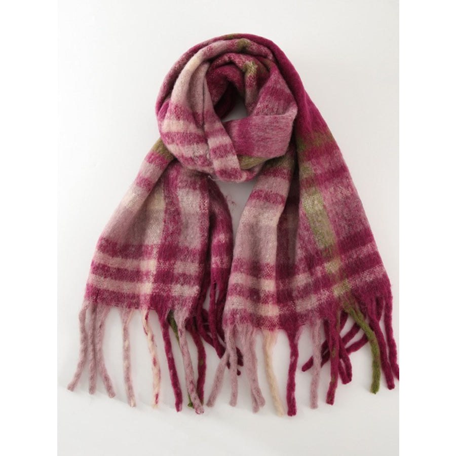 Fringe Plaid Polyester Scarf Cerise / One Size Apparel and Accessories