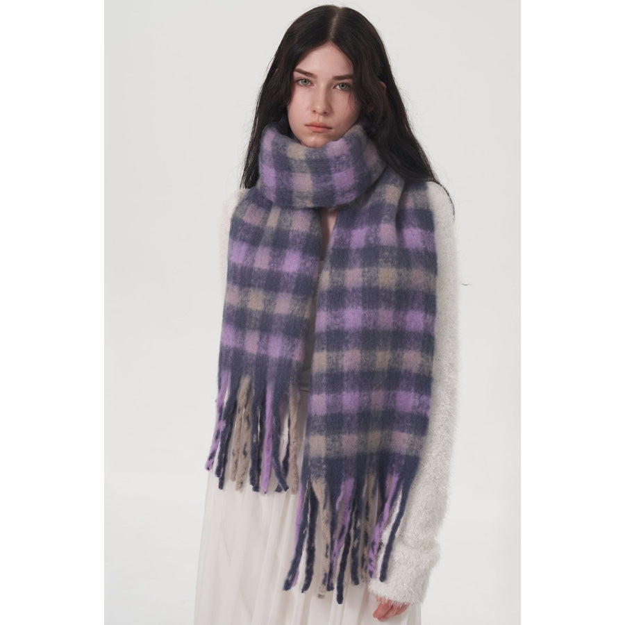 Fringe Plaid Polyester Scarf Lilac / One Size Apparel and Accessories