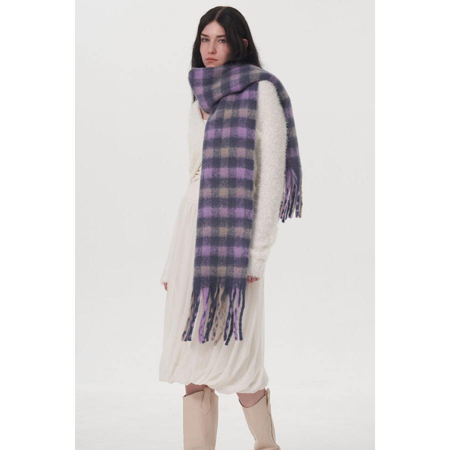 Fringe Plaid Polyester Scarf Lilac / One Size Apparel and Accessories