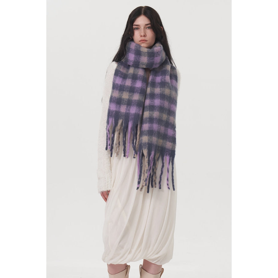 Fringe Plaid Polyester Scarf Lilac / One Size Apparel and Accessories