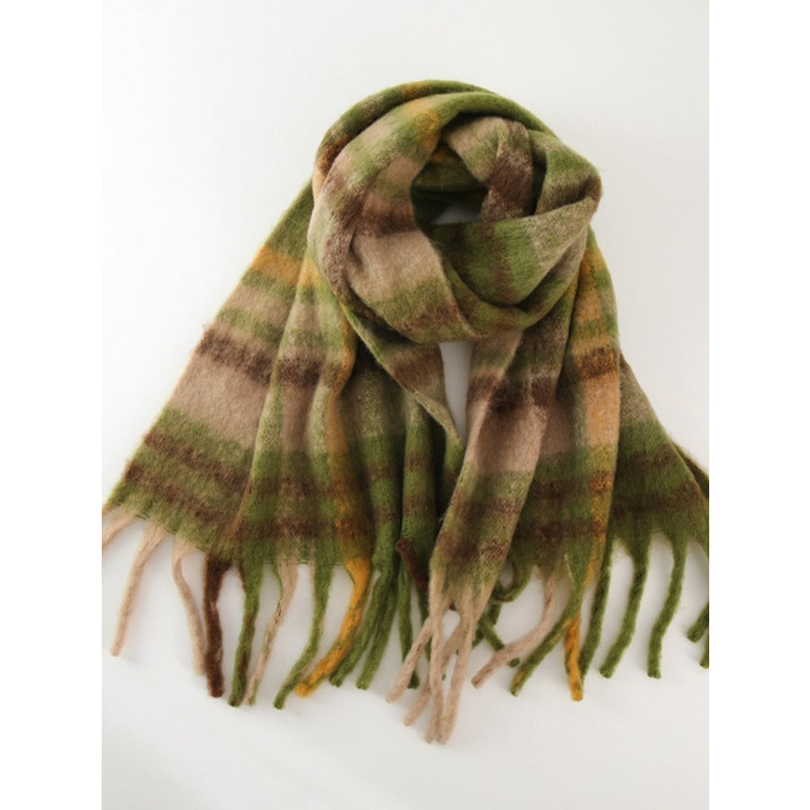 Fringe Plaid Polyester Scarf Olive / One Size Apparel and Accessories