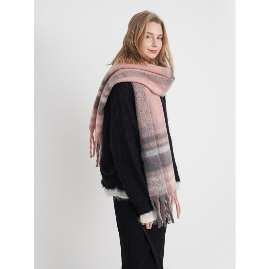 Fringe Plaid Polyester Scarf Pink/White/Gray plaid / One Size Apparel and Accessories