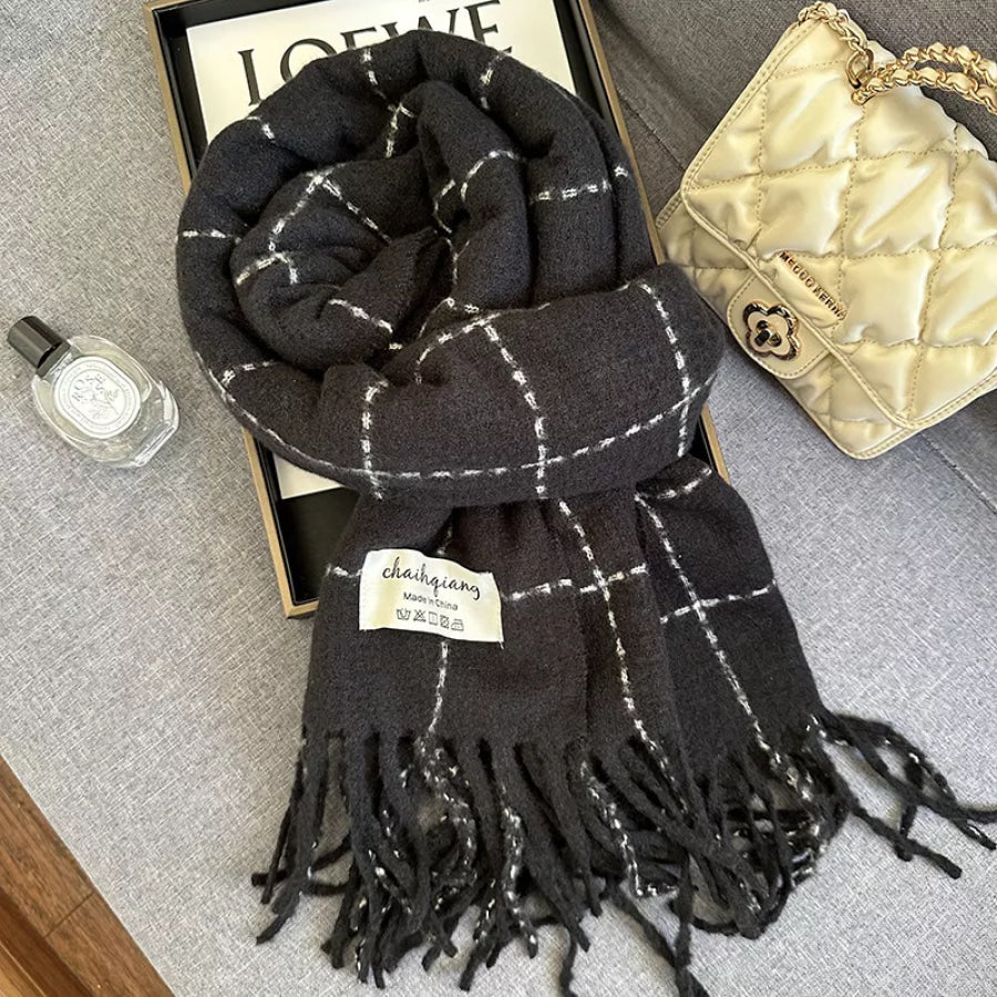 Fringe Plaid Scarf Black / One Size Apparel and Accessories