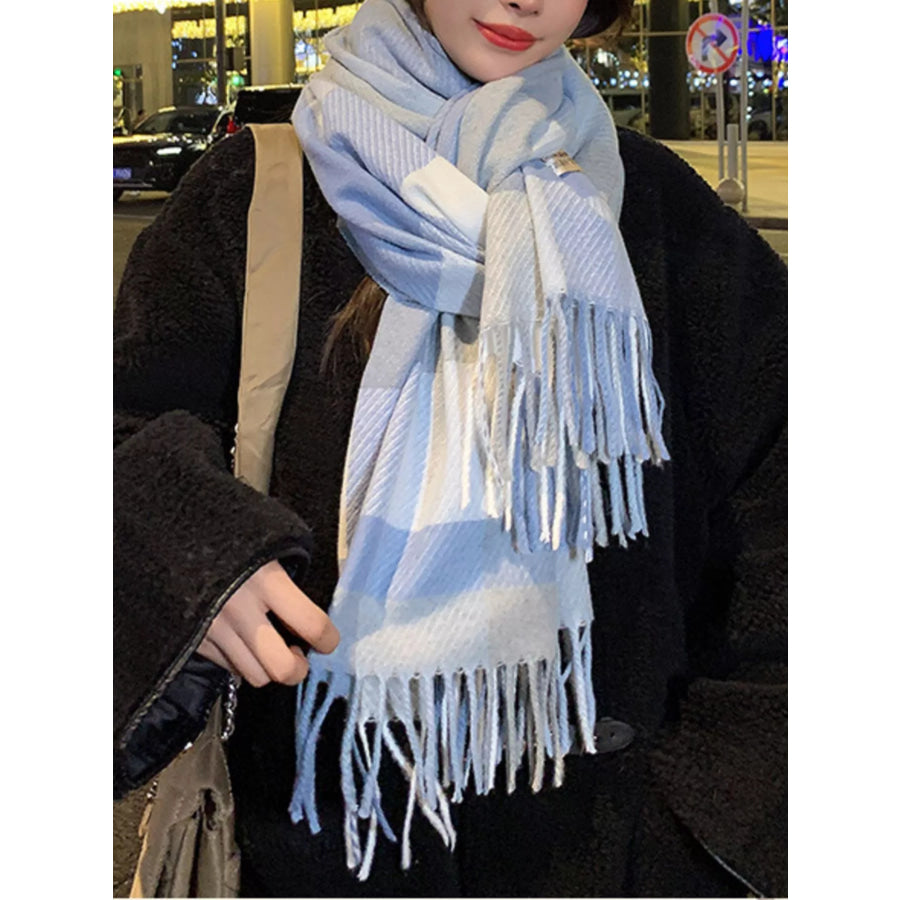Fringe Plaid Scarf Blue / One Size Apparel and Accessories