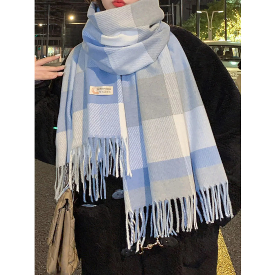 Fringe Plaid Scarf Blue / One Size Apparel and Accessories