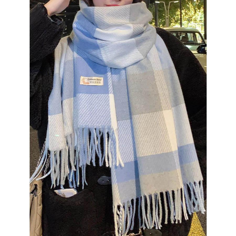 Fringe Plaid Scarf Blue / One Size Apparel and Accessories