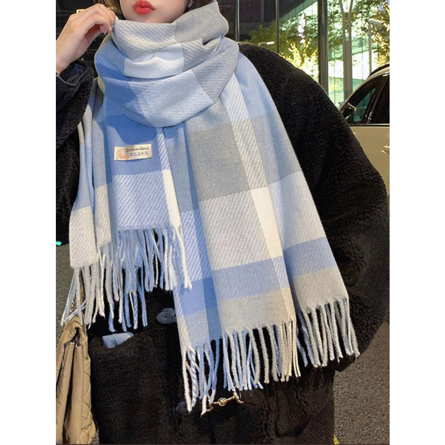 Fringe Plaid Scarf Blue / One Size Apparel and Accessories