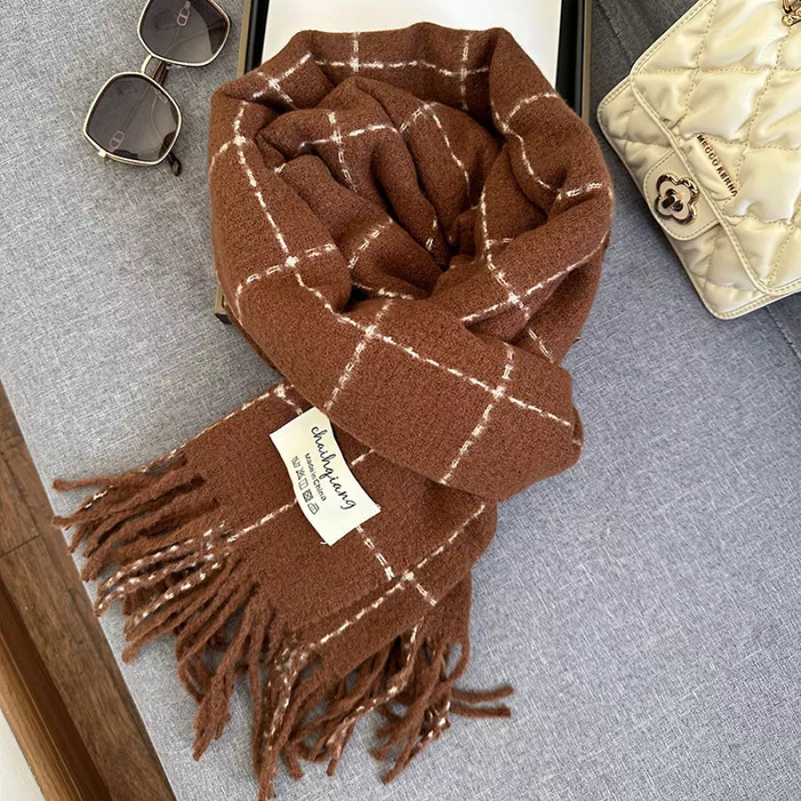 Fringe Plaid Scarf Caramel / One Size Apparel and Accessories