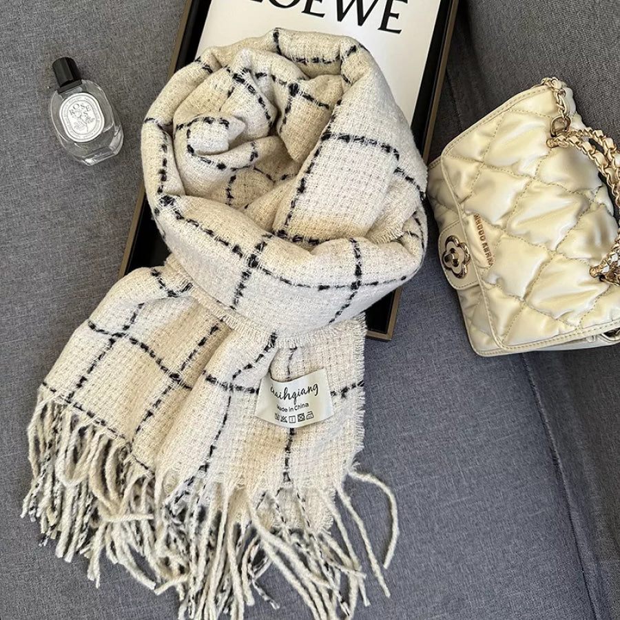 Fringe Plaid Scarf Creamy-white / One Size Apparel and Accessories