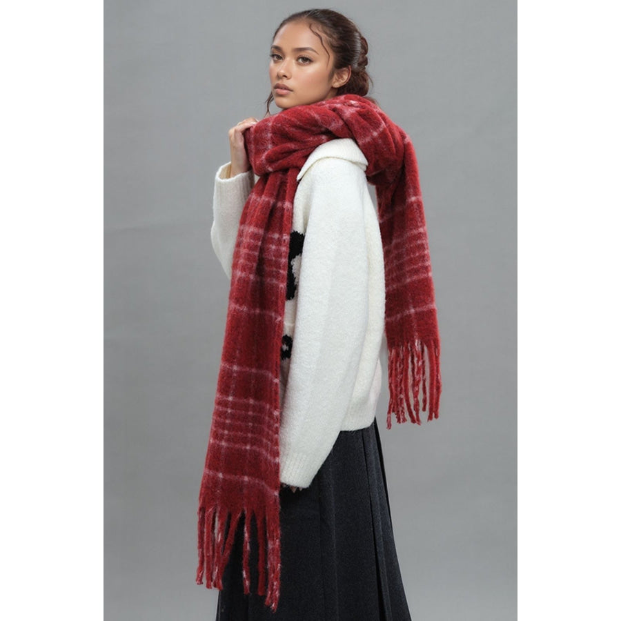 Fringe Plaid Thermal Scarf Deep Red / One Size Apparel and Accessories