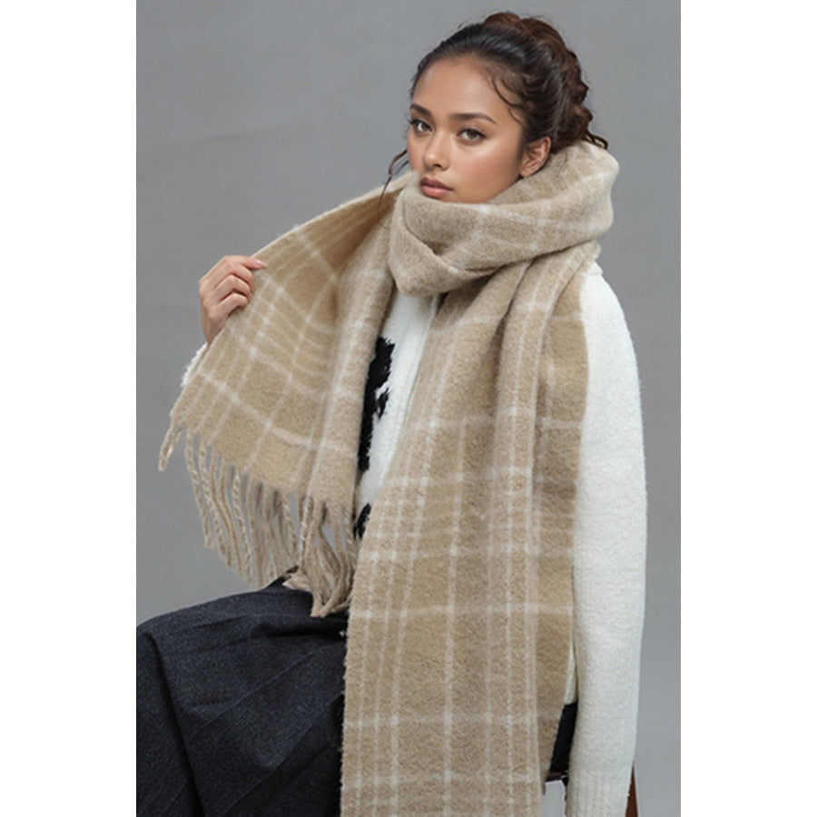 Fringe Plaid Thermal Scarf Tan / One Size Apparel and Accessories