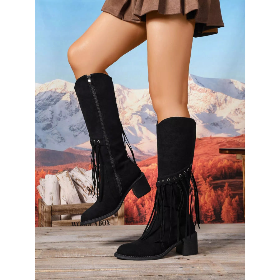 Fringe Point Toe Block Heels Boots Black / 36 Apparel and Accessories