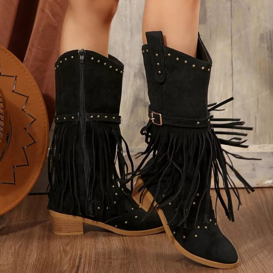 Fringe Point Toe Block Heels Boots Black / 35 Apparel and Accessories