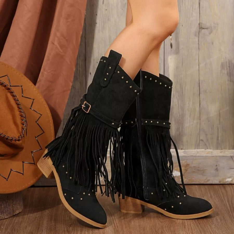 Fringe Point Toe Block Heels Boots Black / 35 Apparel and Accessories