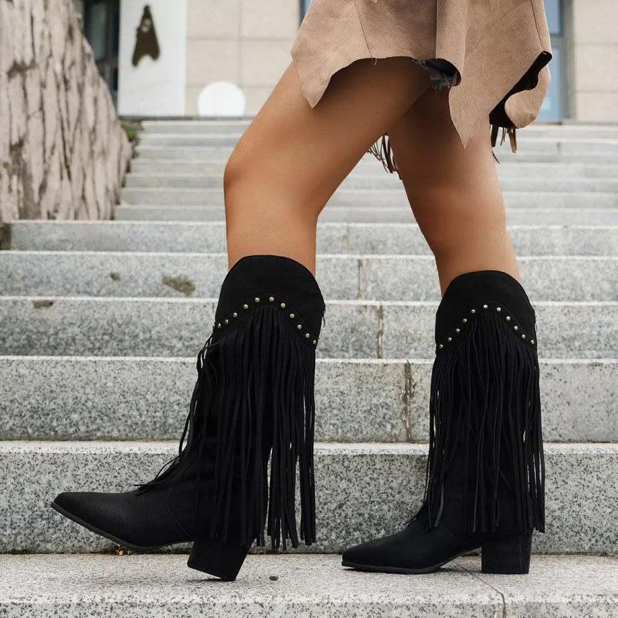 Fringe Point Toe Block Heels Boots Black / 36 Apparel and Accessories