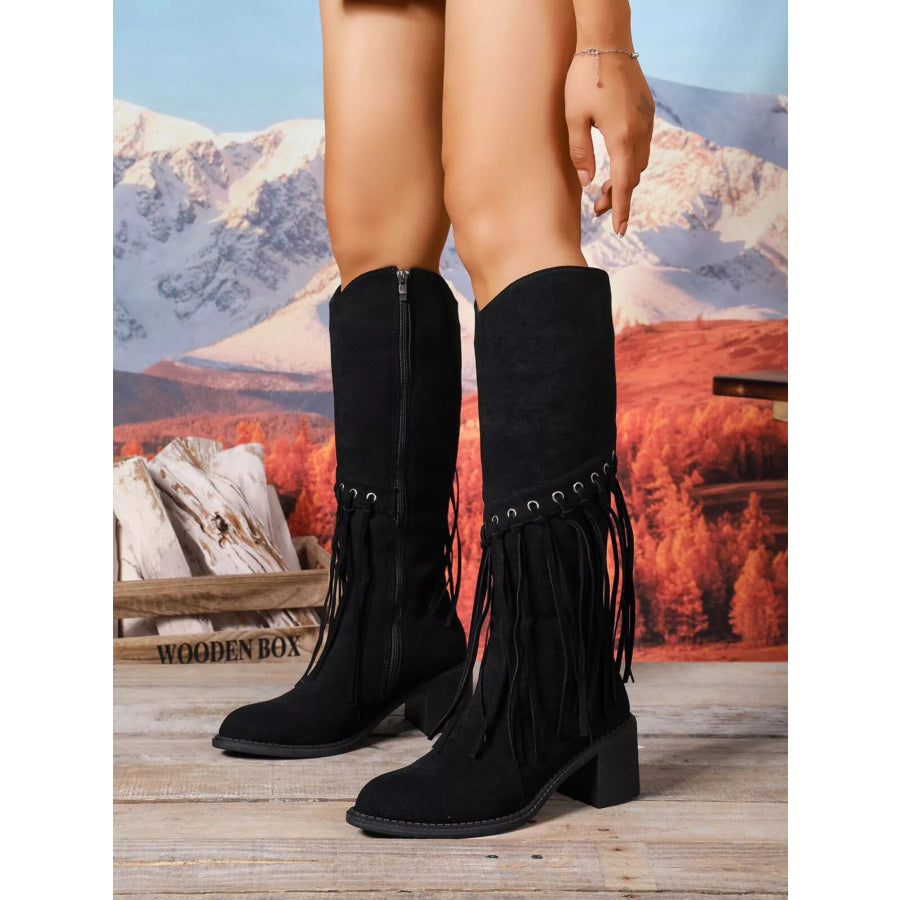 Fringe Point Toe Block Heels Boots Black / 36 Apparel and Accessories