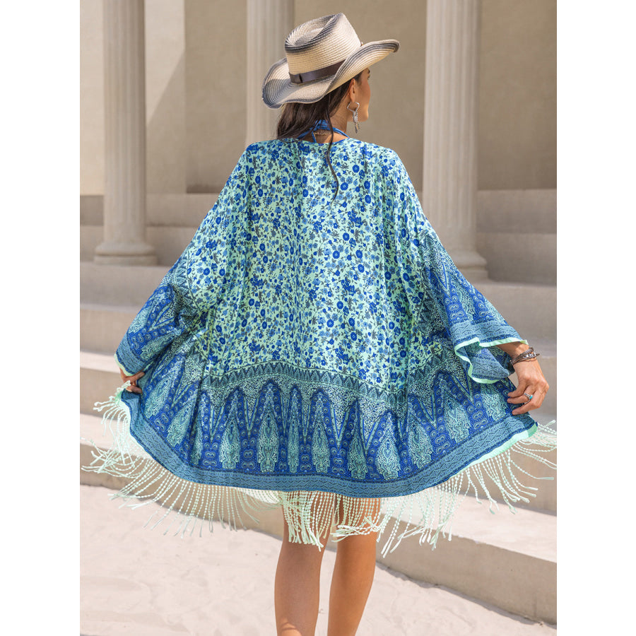 Fringe Printed Open Front Cover-Up Apparel and Accessories