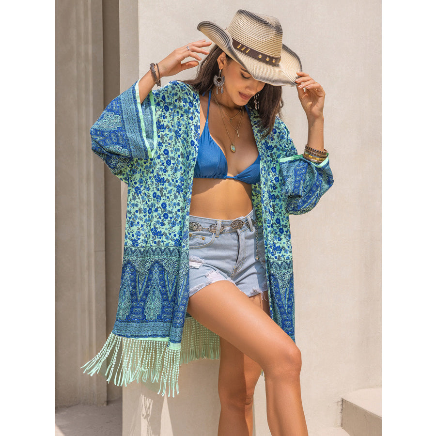 Fringe Printed Open Front Cover-Up Apparel and Accessories