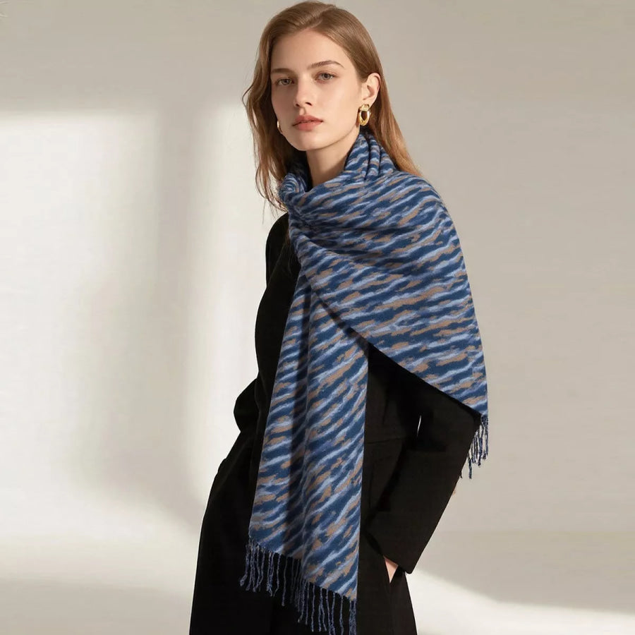 Fringe Printed Scarf Blue / One Size Apparel and Accessories