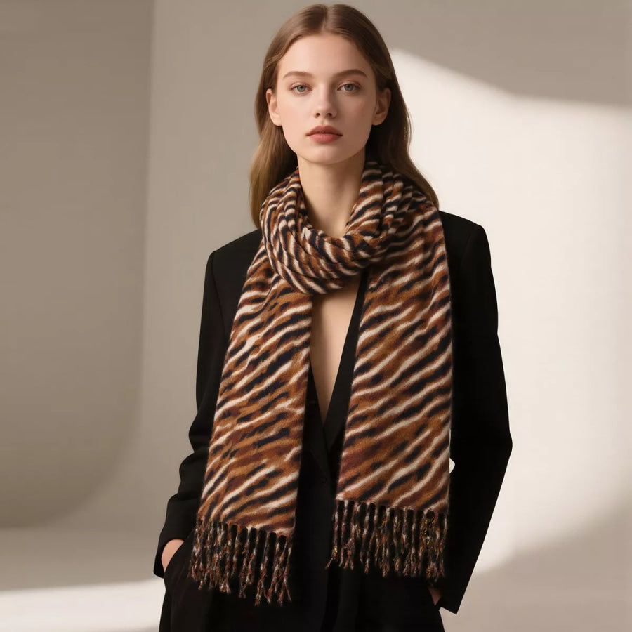 Fringe Printed Scarf Brown / One Size Apparel and Accessories