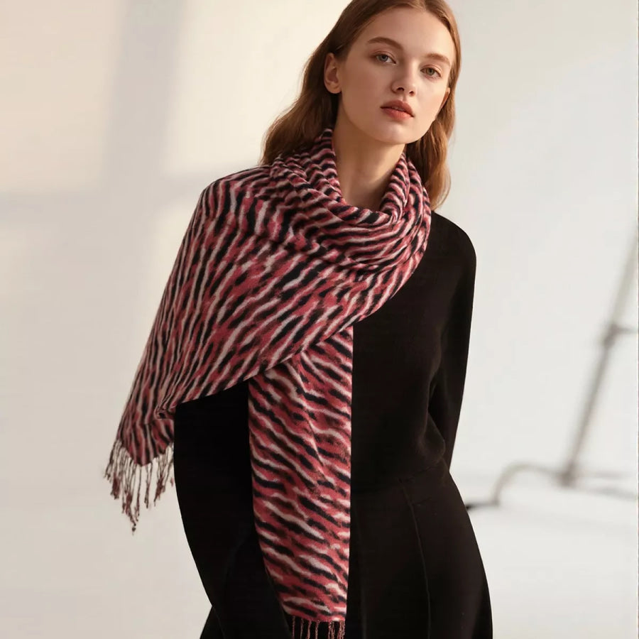 Fringe Printed Scarf Red / One Size Apparel and Accessories