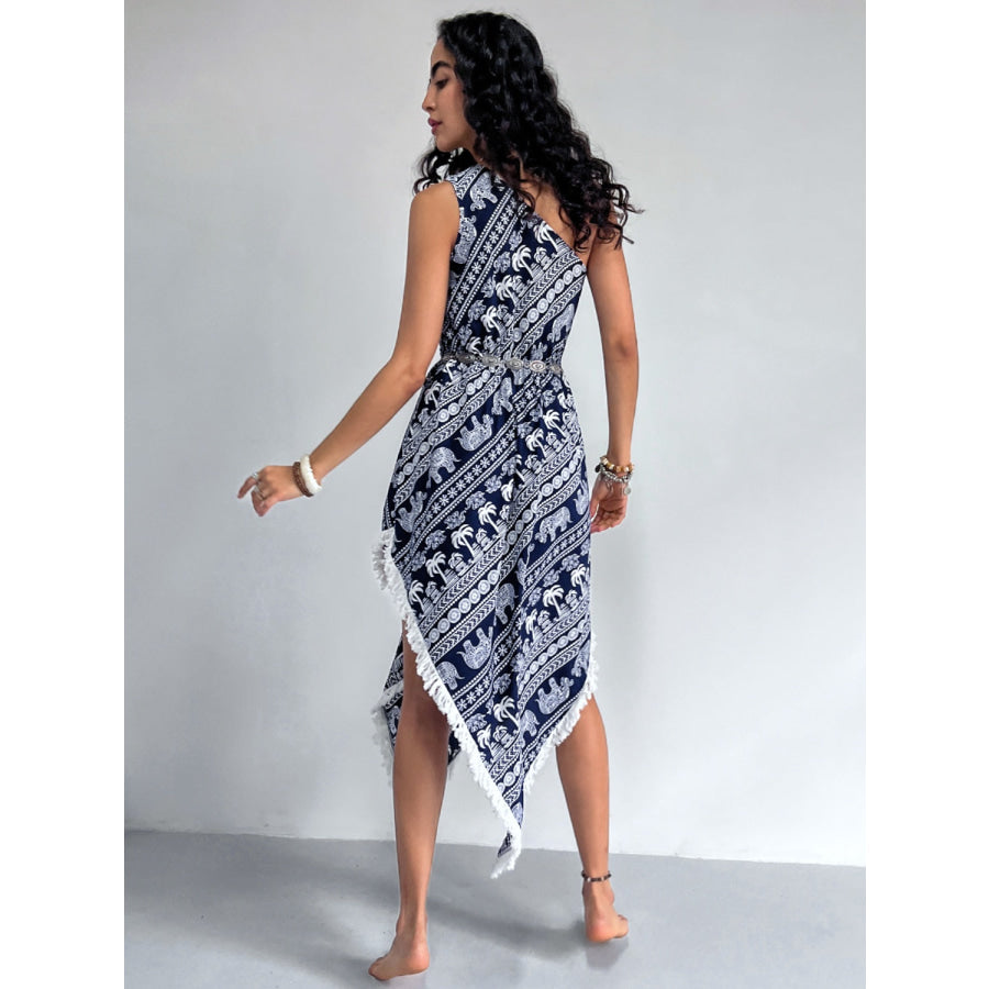 Fringe Printed Single Shoulder Dress Navy / S Apparel and Accessories