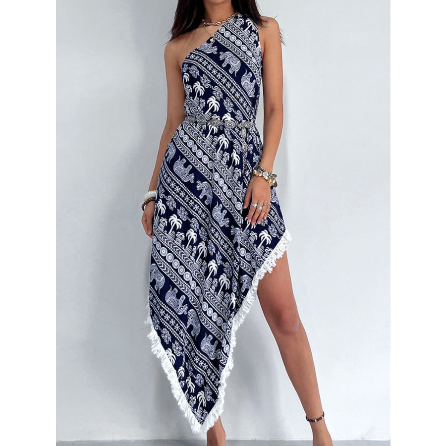 Fringe Printed Single Shoulder Dress Navy / S Apparel and Accessories