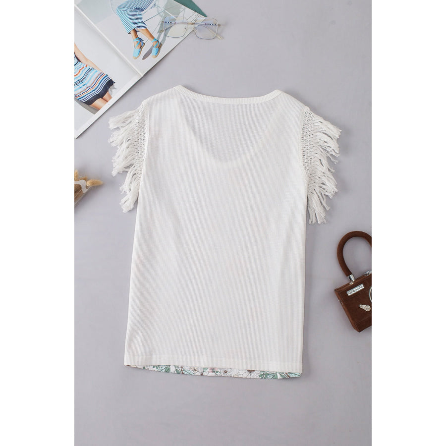 Fringe Printed V-Neck Top Floral / S Apparel and Accessories