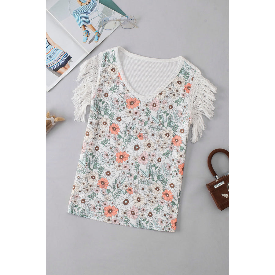 Fringe Printed V-Neck Top Floral / S Apparel and Accessories