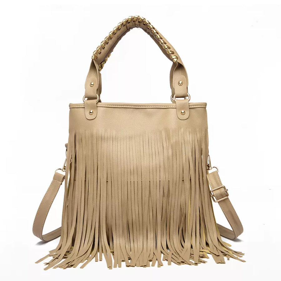 Fringe PU Leather Handbag Khaki / ONESIZE Apparel and Accessories
