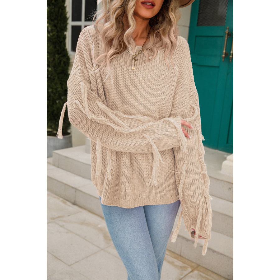 Fringe Round Neck Dropped Shoulder Sweater Sand / S Apparel and Accessories
