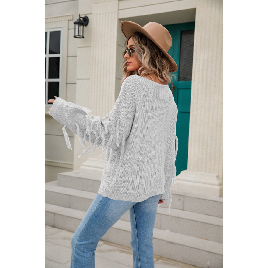Fringe Round Neck Dropped Shoulder Sweater Apparel and Accessories