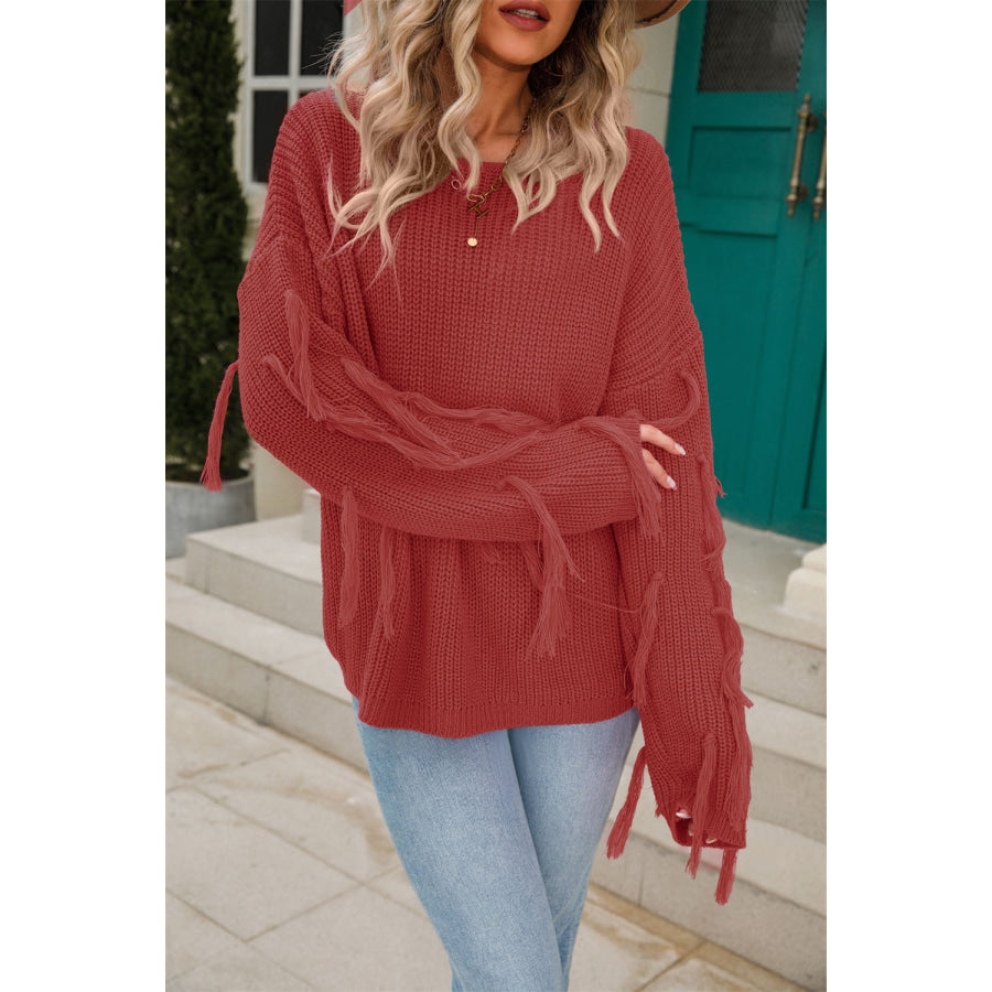 Fringe Round Neck Dropped Shoulder Sweater Apparel and Accessories