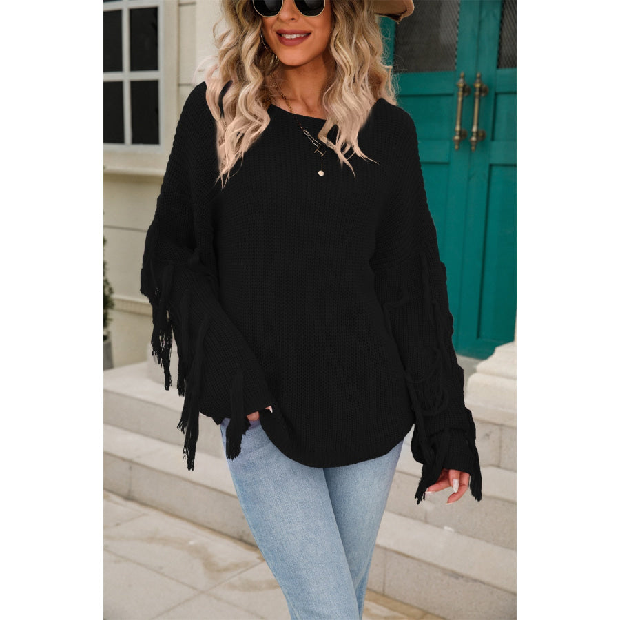 Fringe Round Neck Dropped Shoulder Sweater Black / S Apparel and Accessories