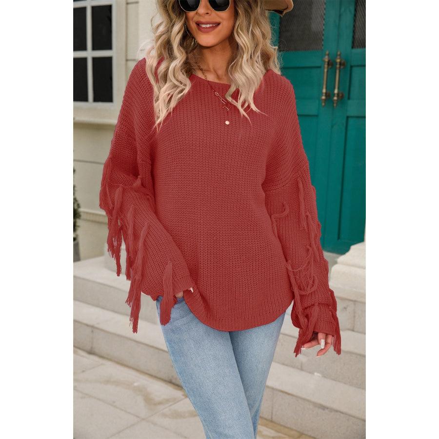 Fringe Round Neck Dropped Shoulder Sweater Brick Red / S Apparel and Accessories