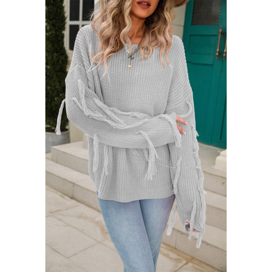 Fringe Round Neck Dropped Shoulder Sweater Charcoal / S Apparel and Accessories