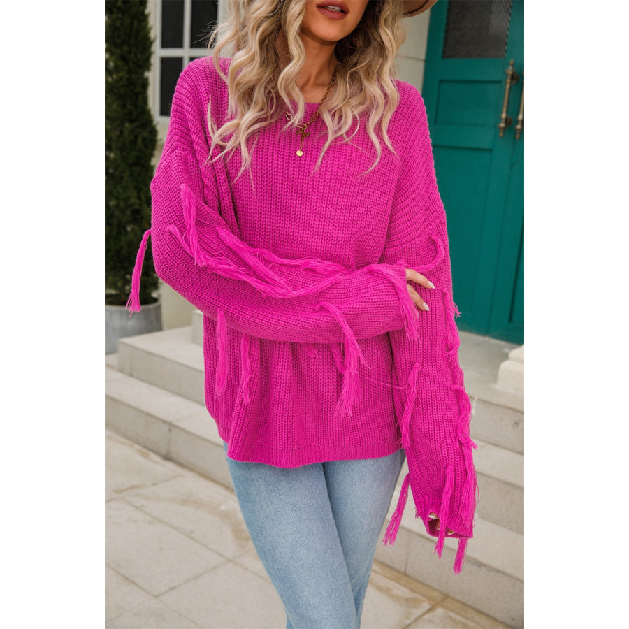 Fringe Round Neck Dropped Shoulder Sweater Hot Pink / S Apparel and Accessories