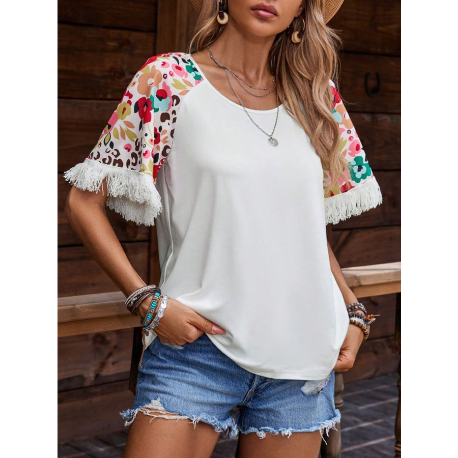 Fringe Round Neck Floral Half Sleeve T-Shirt Apparel and Accessories