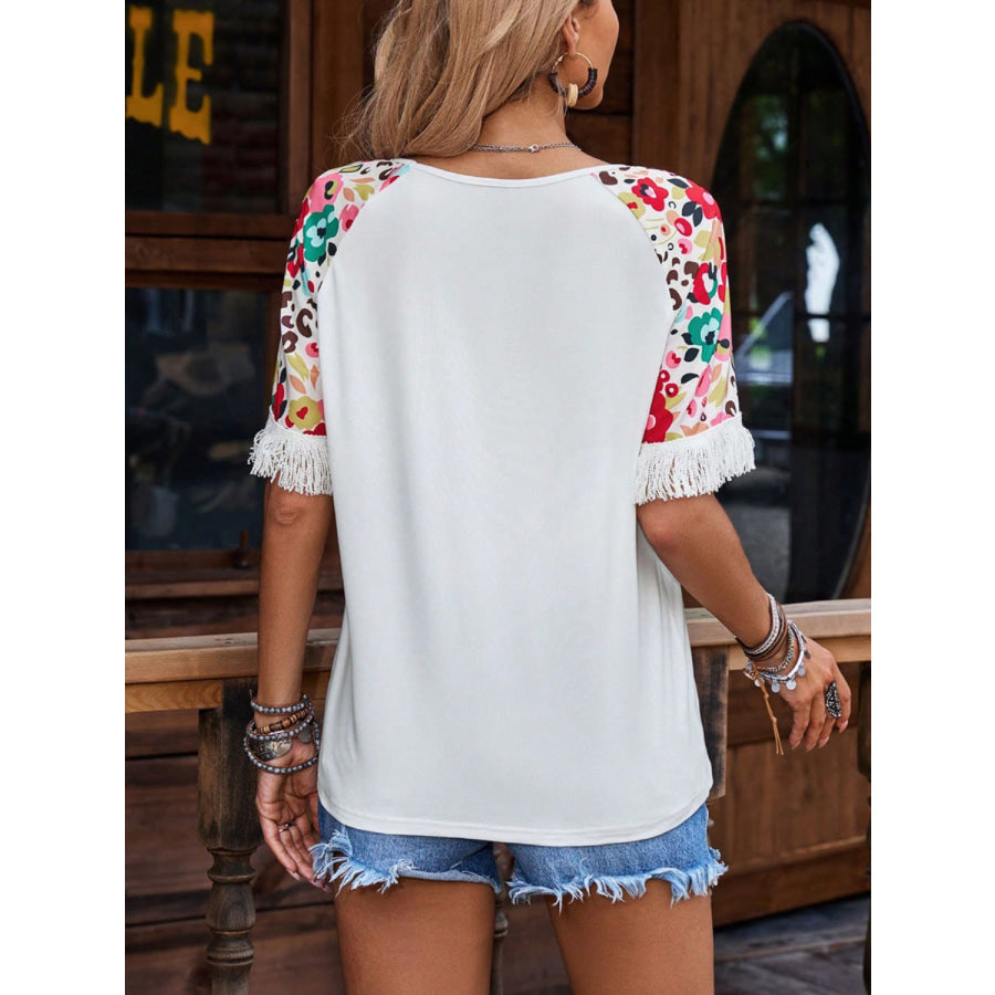 Fringe Round Neck Floral Half Sleeve T-Shirt Apparel and Accessories