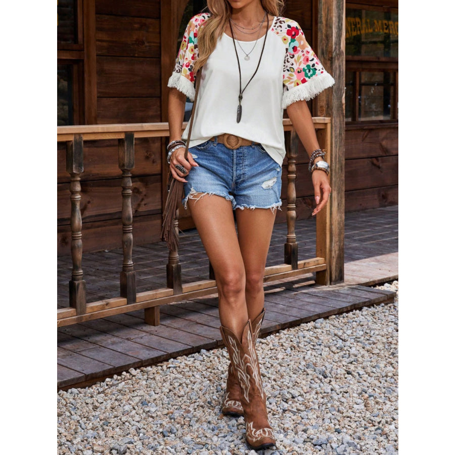 Fringe Round Neck Floral Half Sleeve T-Shirt Apparel and Accessories