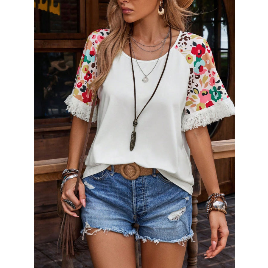 Fringe Round Neck Floral Half Sleeve T-Shirt Apparel and Accessories