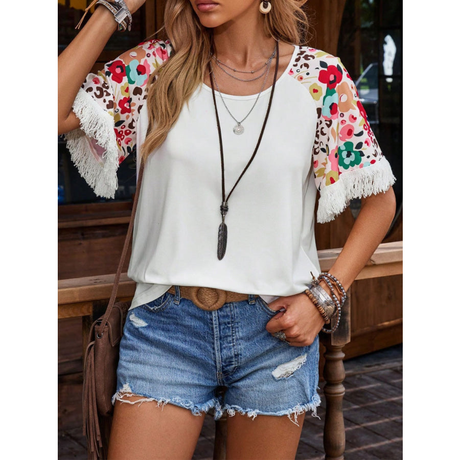 Fringe Round Neck Floral Half Sleeve T-Shirt White / S Apparel and Accessories