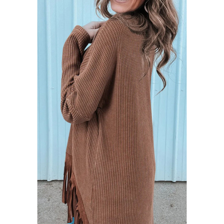 Fringe Round Neck Long Sleeve Top Apparel and Accessories