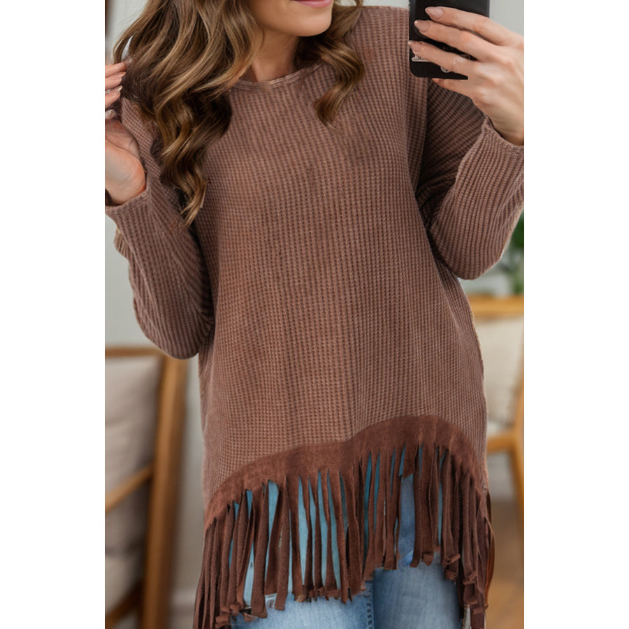 Fringe Round Neck Long Sleeve Top Brown / S Apparel and Accessories