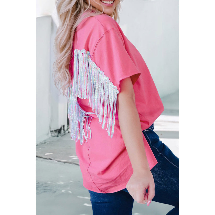 Fringe Round Neck Short Sleeve T-Shirt Apparel and Accessories
